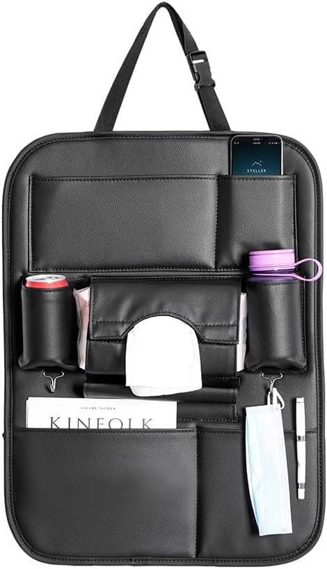 2 Pack PU Leather Premium Car SeatBack Organizer Travel Accessories Kick mats Back seat Protector and Cup Holder Holder Universal Use Seat Covers Black