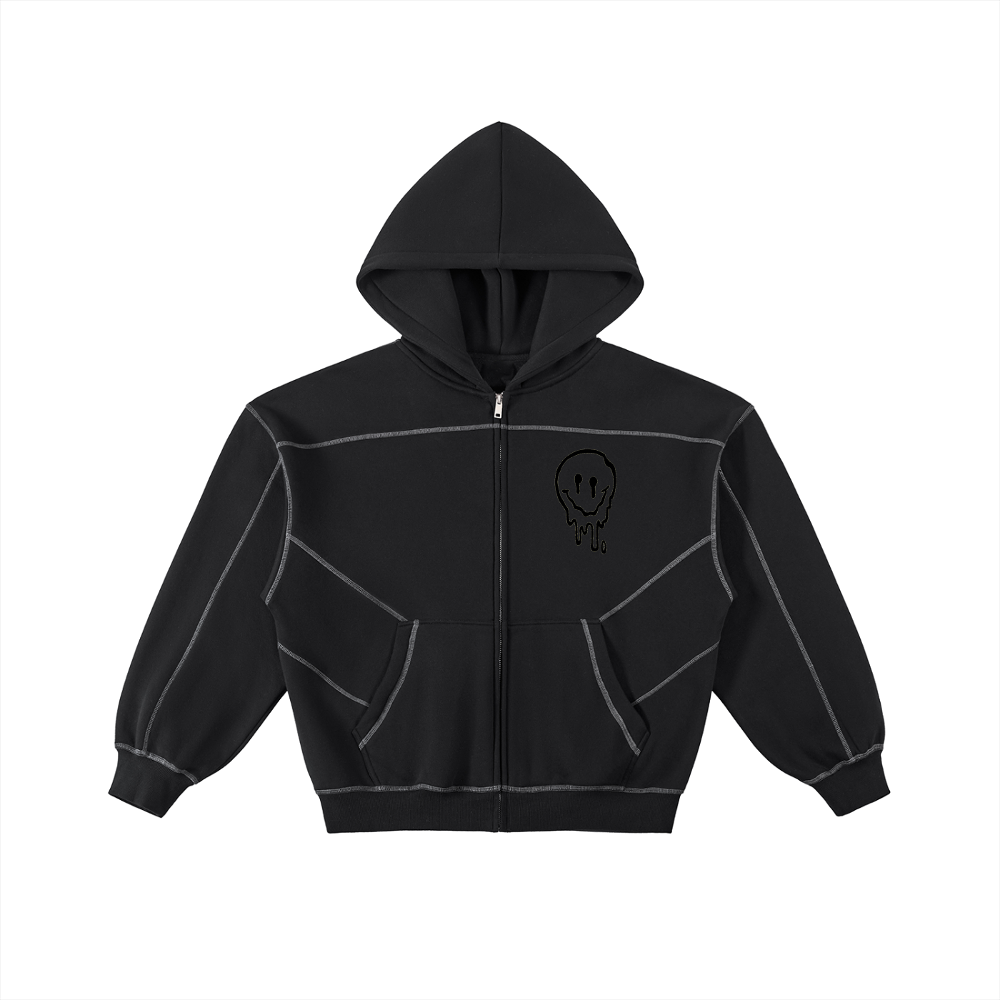 Contrast-Stitched Boxy Fleece Zip Hoodie