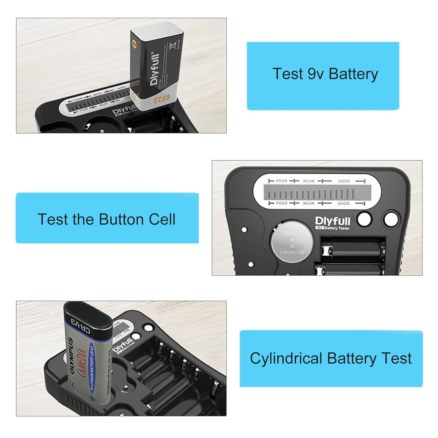 Battery Tester, Dlyfull LCD Display Universal Battery Checker for AA AAA C D 9V CR2032 CR123A CR2 CRV3 2CR5 CRP2 1.5V/3V Button Cell Batteries, 1x AAA batteries included