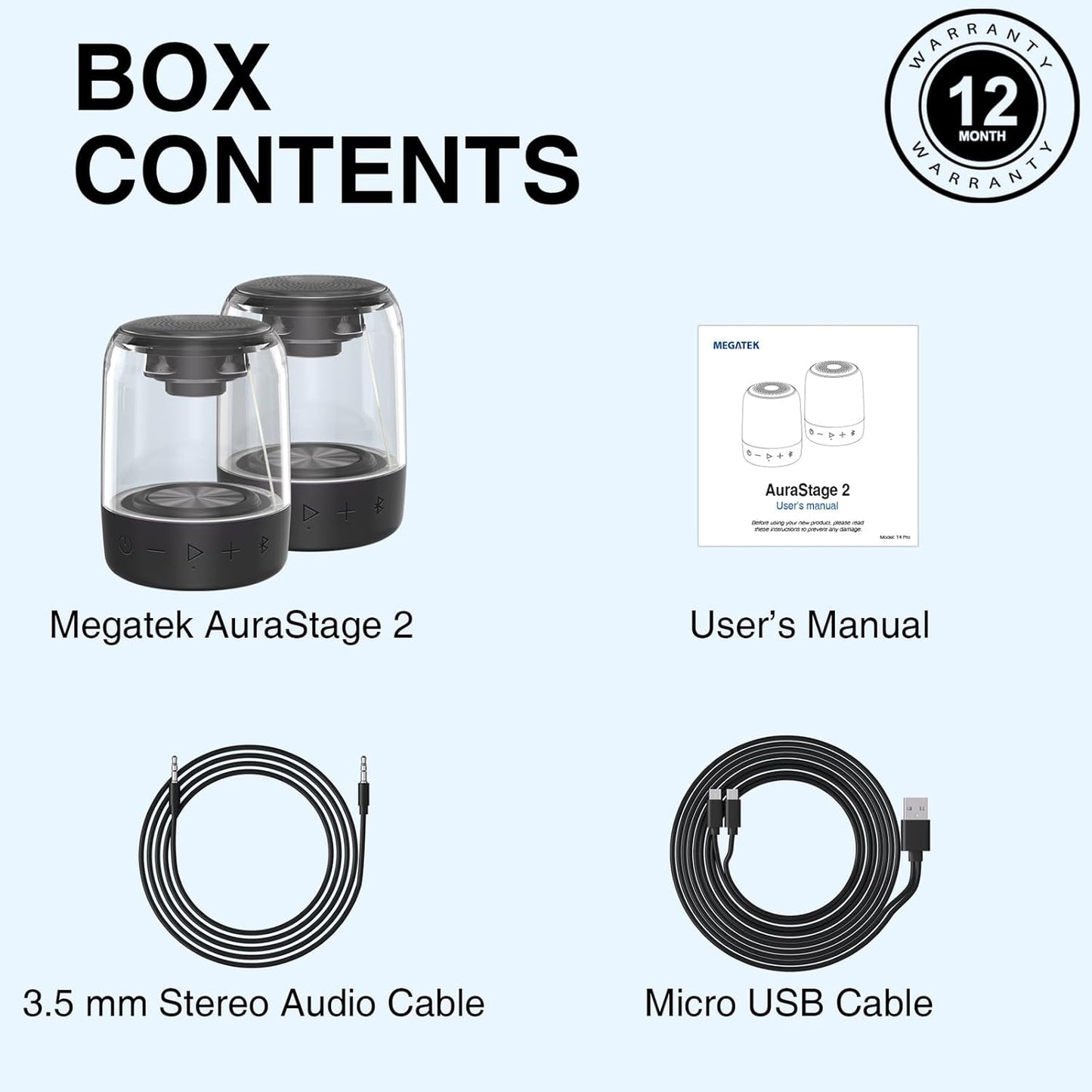 MEGATEK Portable Bluetooth Speakers (2-Pack) – True Wireless Stereo (TWS) Pair, Vibrant LED Lights, 360° HD Sound, 12-Hour Playtime, IPX5 Waterproof – Perfect for Home, Parties, Outdoors, and Travel