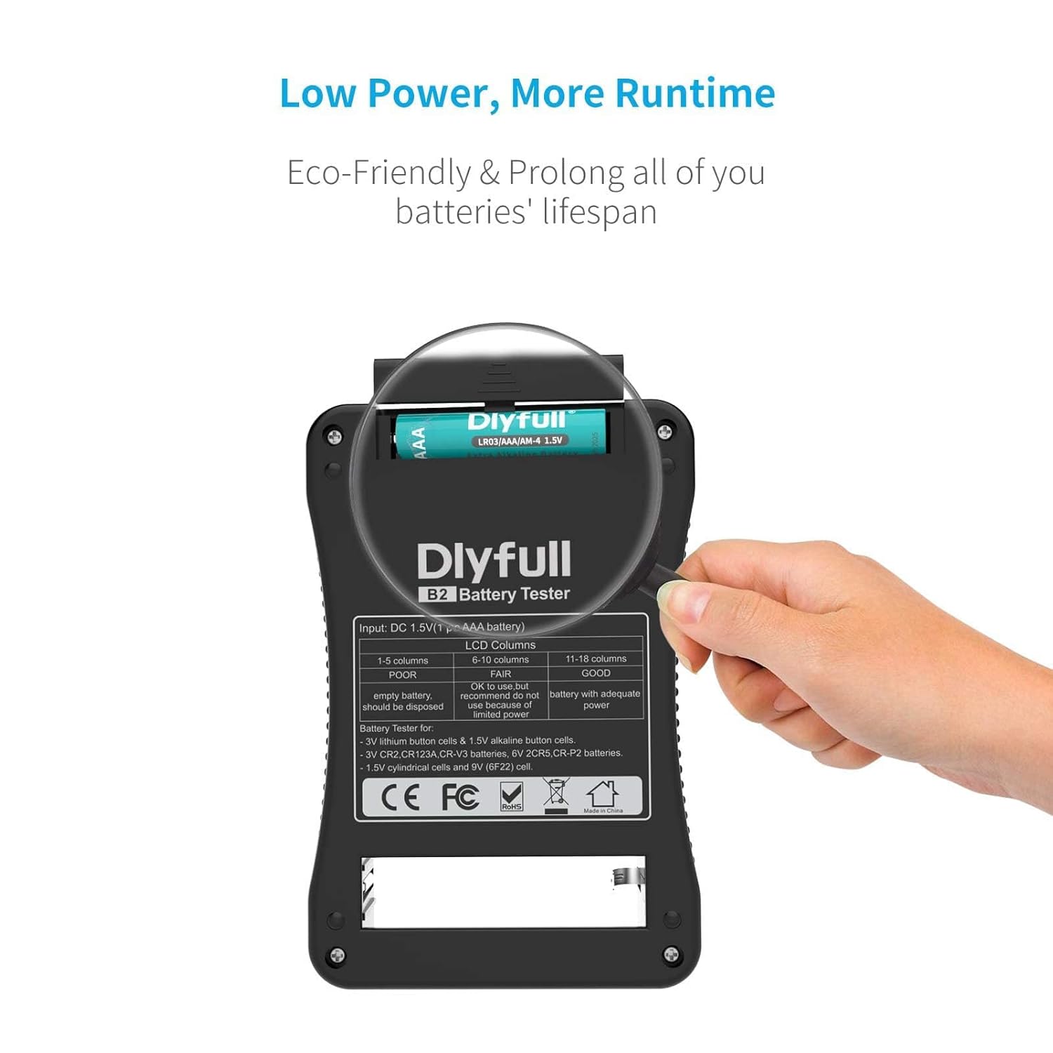 Battery Tester, Dlyfull LCD Display Universal Battery Checker for AA AAA C D 9V CR2032 CR123A CR2 CRV3 2CR5 CRP2 1.5V/3V Button Cell Batteries, 1x AAA batteries included