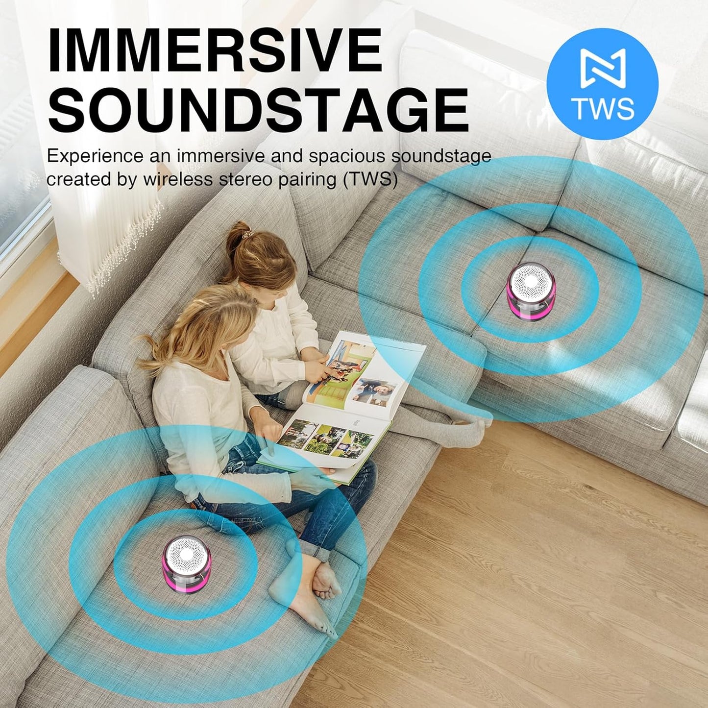 MEGATEK Portable Bluetooth Speakers (2-Pack) – True Wireless Stereo (TWS) Pair, Vibrant LED Lights, 360° HD Sound, 12-Hour Playtime, IPX5 Waterproof – Perfect for Home, Parties, Outdoors, and Travel