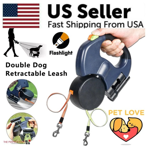 Dual Pet Leash Retractable Reflective Lead 360 Swivel Double Dog Walking Leash!